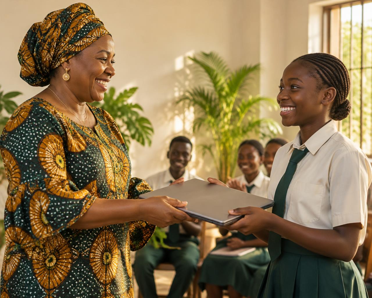 A helper handing a laptop to a smiling student